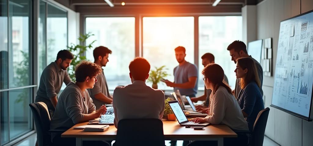 Equipo diverso y profesional de Luna Sazón colaborando en una oficina moderna y luminosa.